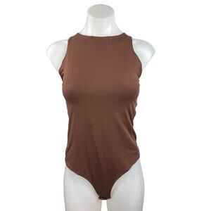 Reoria Women's Brown Sleeveless Crew Neck High Cut Leg One Piece Bodysuit Size M